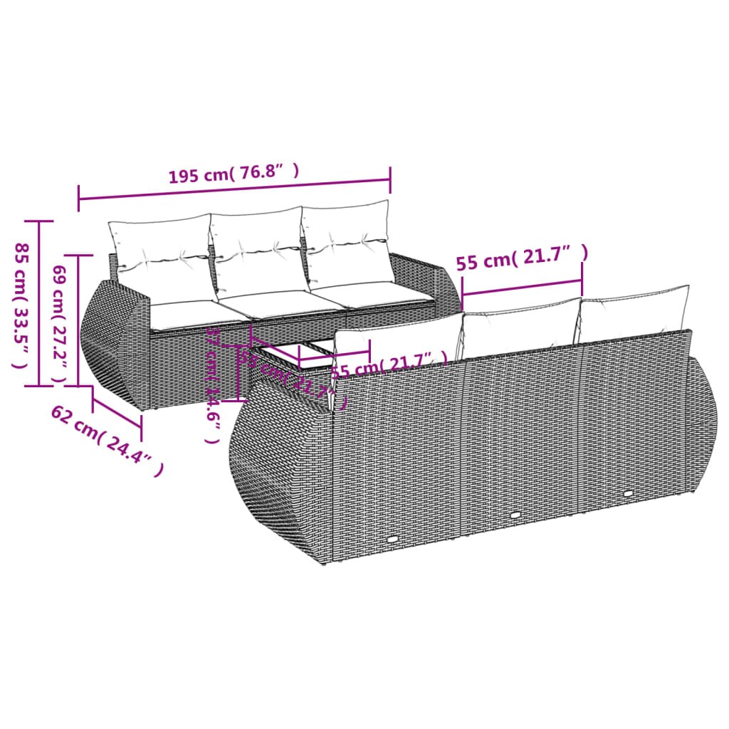 7 pcs conjunto sofás p/ jardim c/ almofadões vime PE cinzento