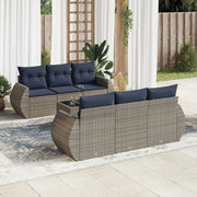 7 pcs conjunto sofás p/ jardim c/ almofadões vime PE cinzento