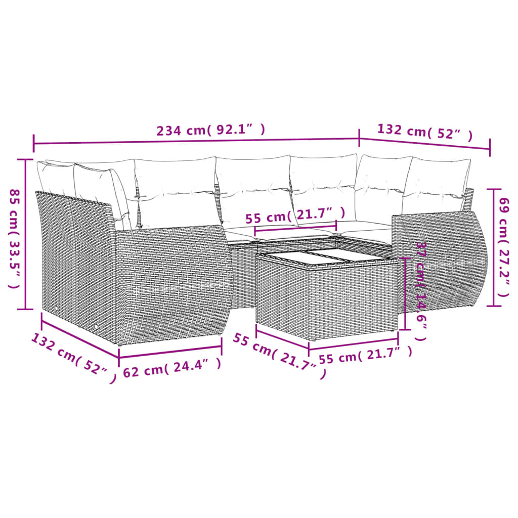 7 pcs conjunto sofás p/ jardim c/ almofadões vime PE cinzento