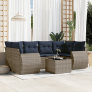7 pcs conjunto sofás p/ jardim c/ almofadões vime PE cinzento