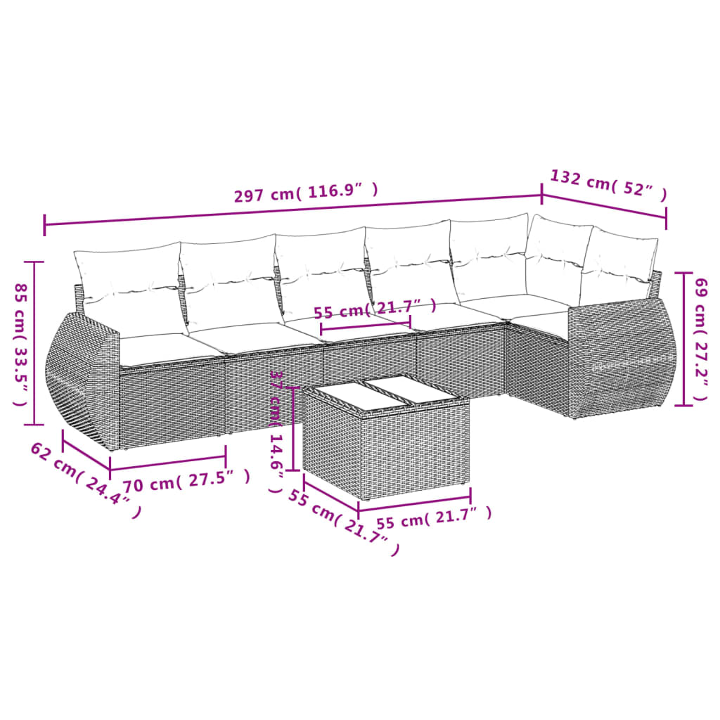7 pcs conjunto sofás p/ jardim c/ almofadões vime PE cinzento