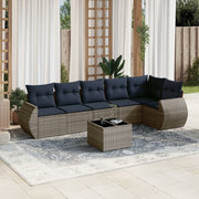 7 pcs conjunto sofás p/ jardim c/ almofadões vime PE cinzento