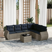 7 pcs conjunto sofás p/ jardim c/ almofadões vime PE cinzento