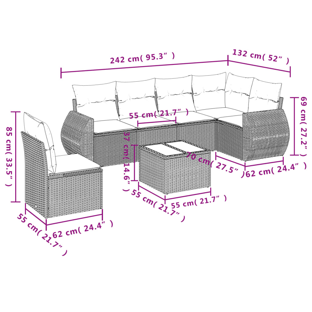 7 pcs conjunto sofás p/ jardim c/ almofadões vime PE cinzento