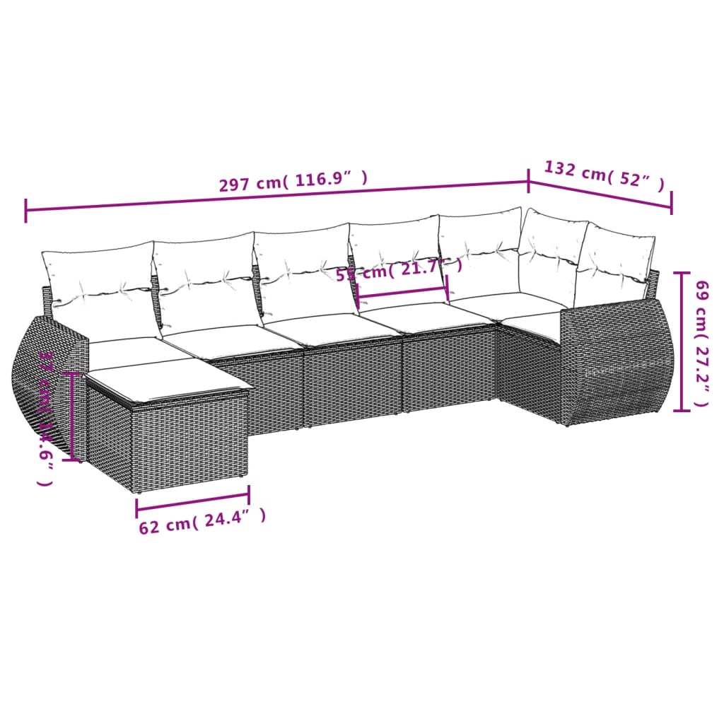 7 pcs conjunto sofás p/ jardim c/ almofadões vime PE cinzento