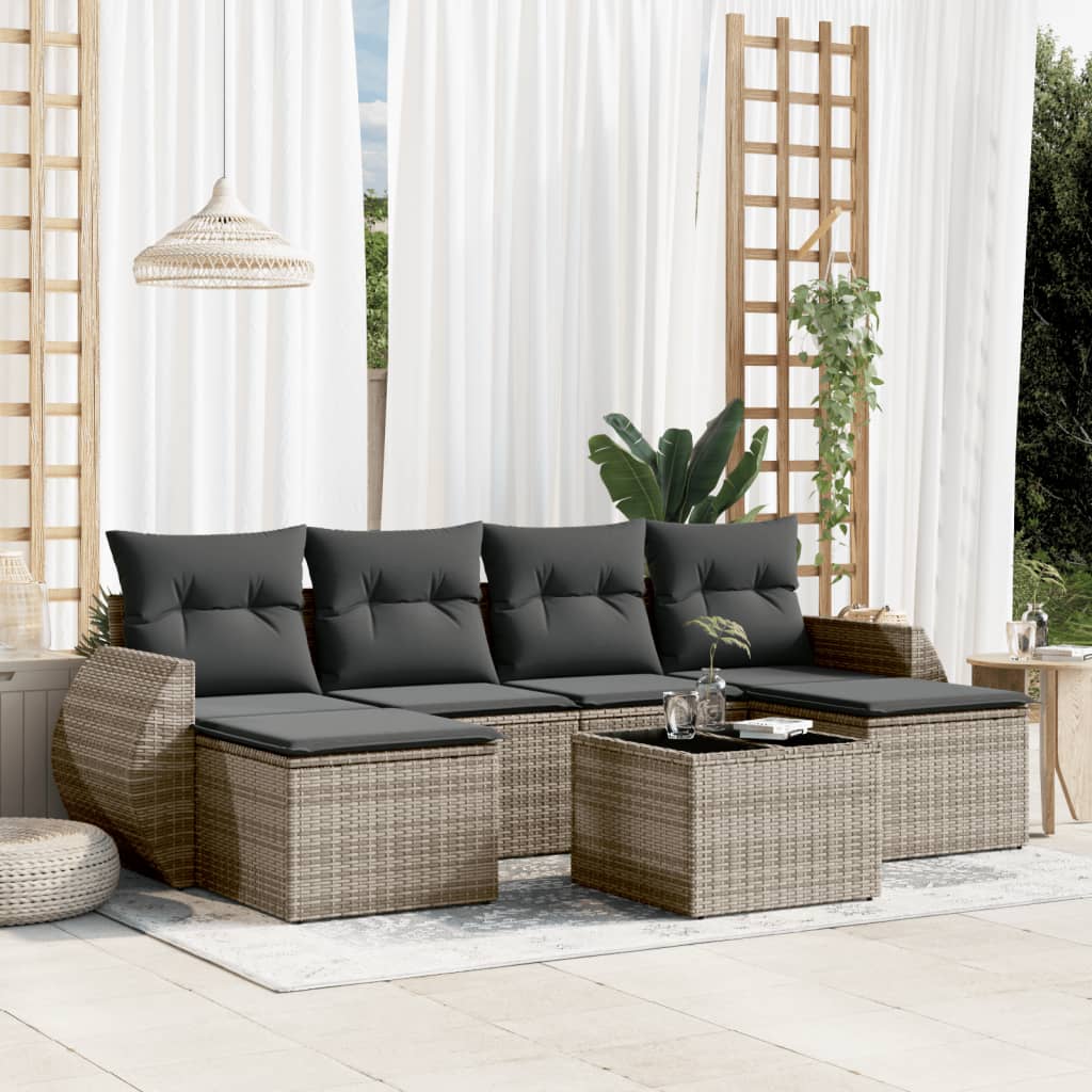 7 pcs conjunto sofás p/ jardim c/ almofadões vime PE cinzento