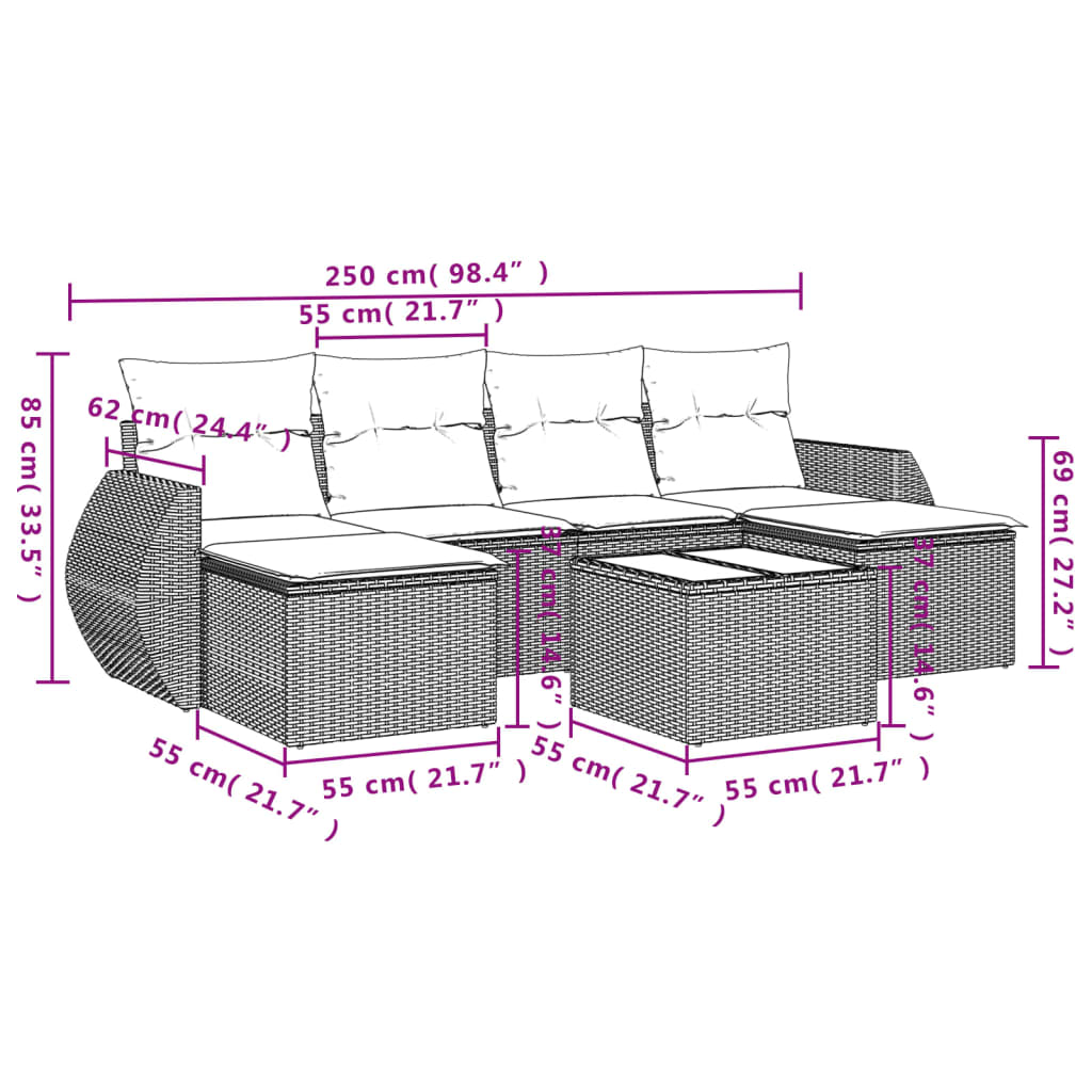 7 pcs conjunto sofás p/ jardim c/ almofadões vime PE cinzento