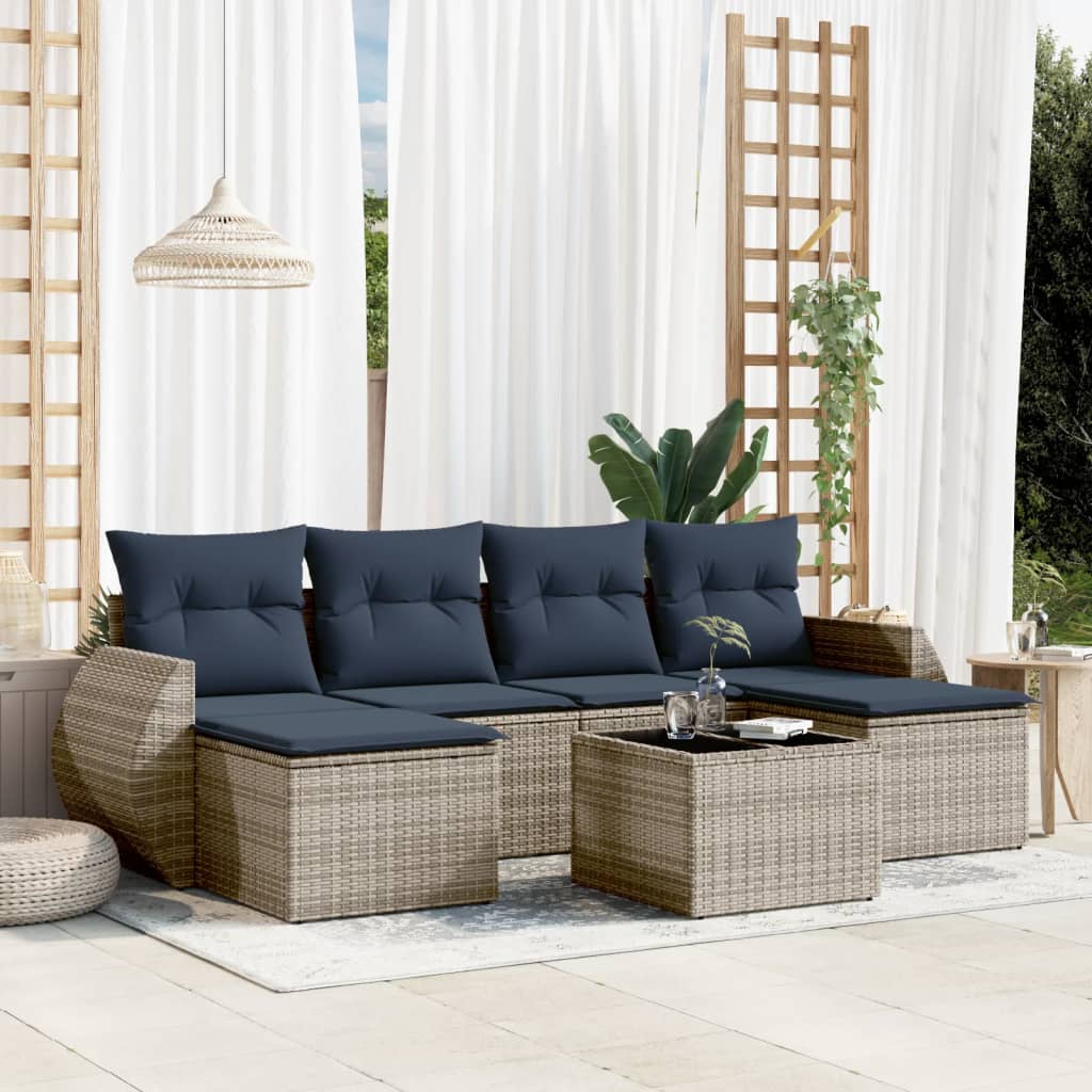 7 pcs conjunto sofás p/ jardim c/ almofadões vime PE cinzento