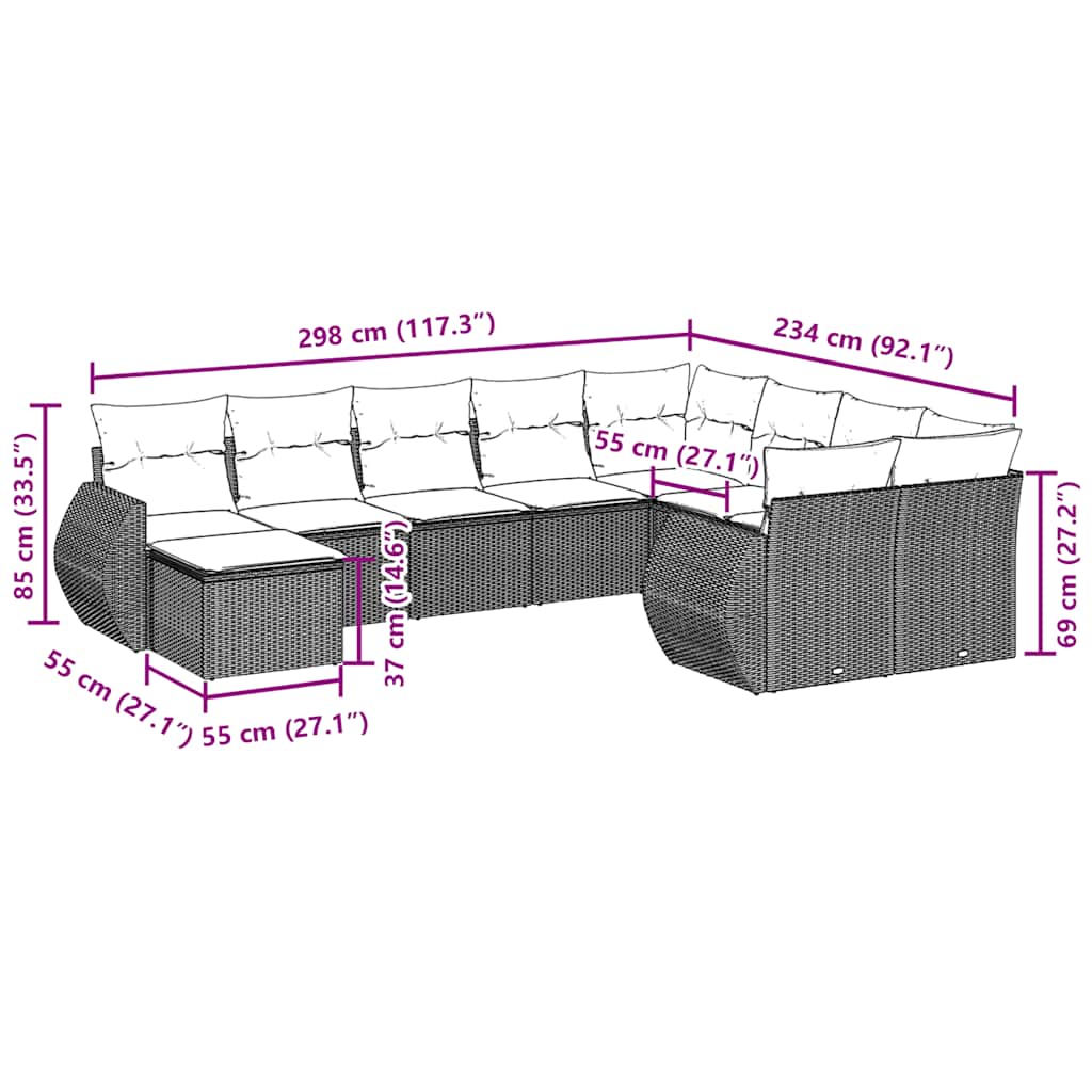 10 pcs conjunto sofás de jardim c/ almofadões vime PE preto