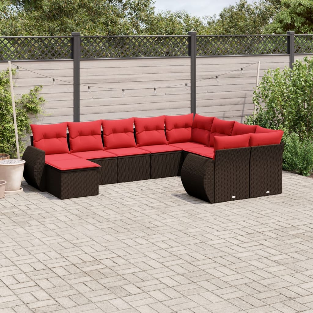 10 pcs conj. sofás jardim com almofadões vime PE castanho