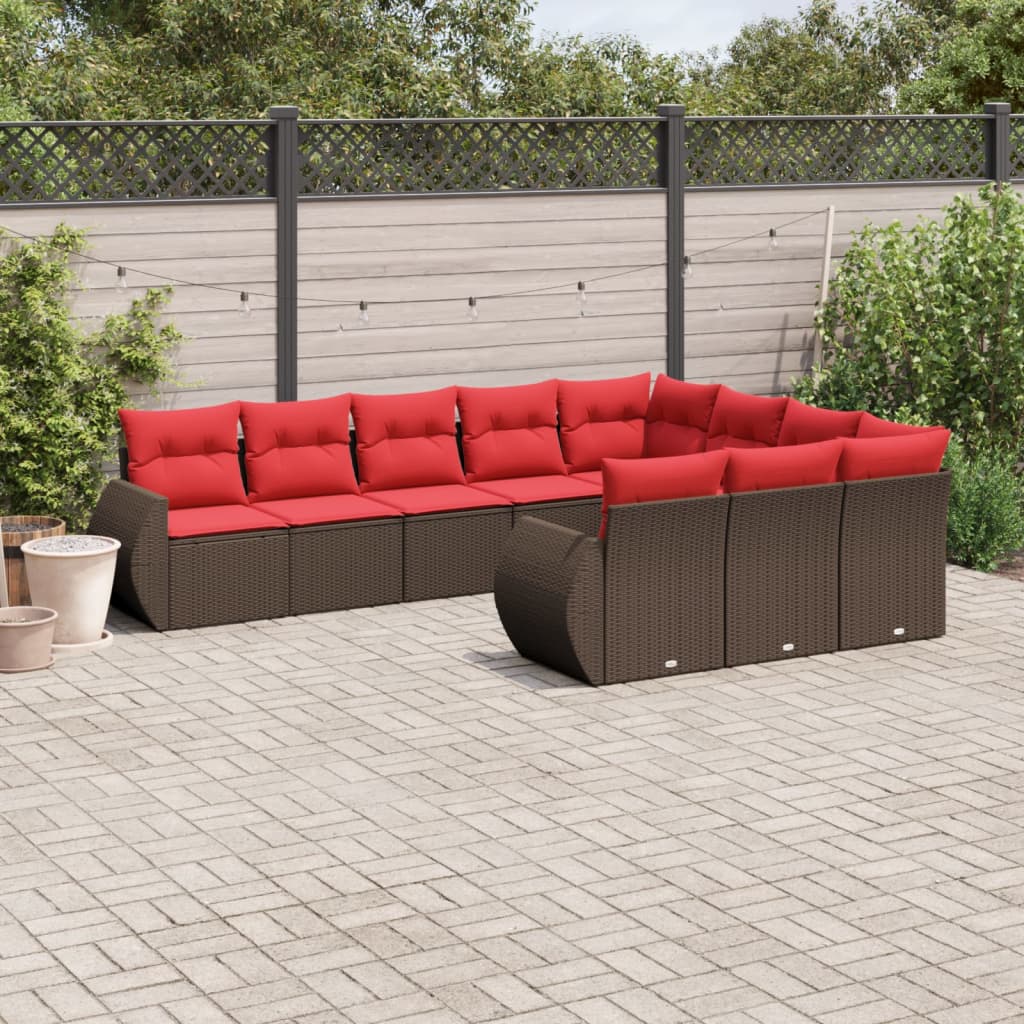 10 pcs conj. sofás jardim com almofadões vime PE castanho