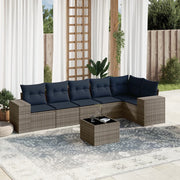 7 pcs conjunto sofás p/ jardim c/ almofadões vime PE cinzento