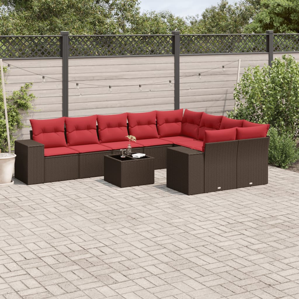 10 pcs conj. sofás jardim com almofadões vime PE castanho