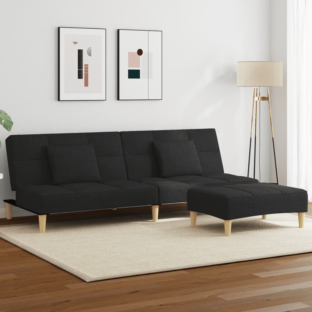 Sofá-cama de 2 lugares com apoio de pés tecido preto