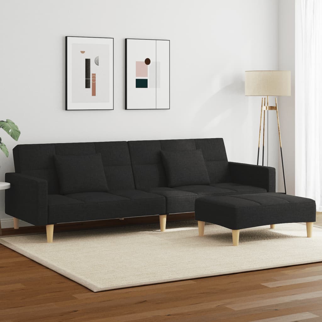 Sofá-cama de 2 lugares com apoio de pés tecido preto