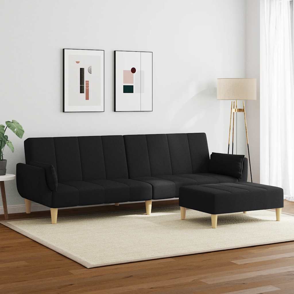 Sofá-cama de 2 lugares com apoio de pés tecido preto