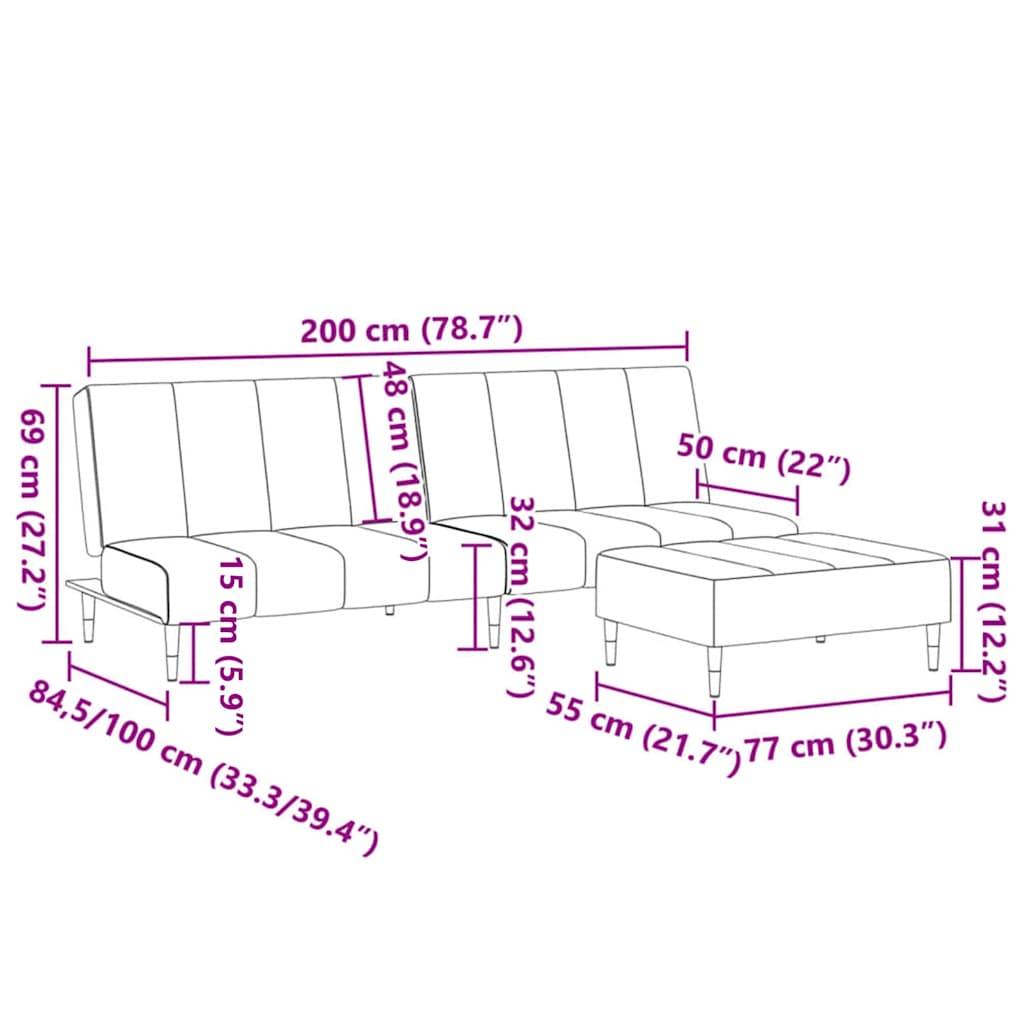Sofá-cama 2 lugares c/ apoio de pés veludo amarelo