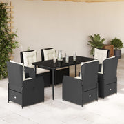 7 pcs conjunto de jantar p/ jardim c/ almofadões vime PE preto