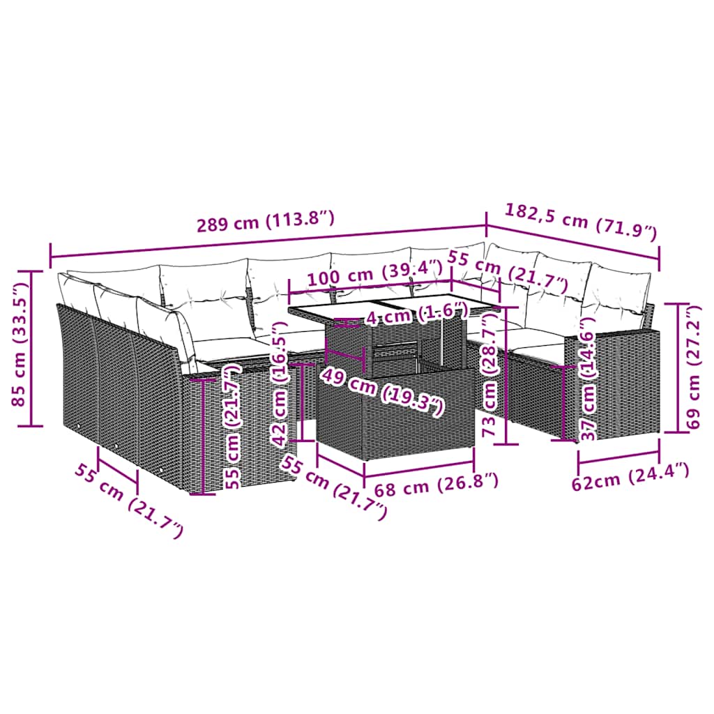 10 pcs conjunto de sofás p/ jardim com almofadões vime PE bege