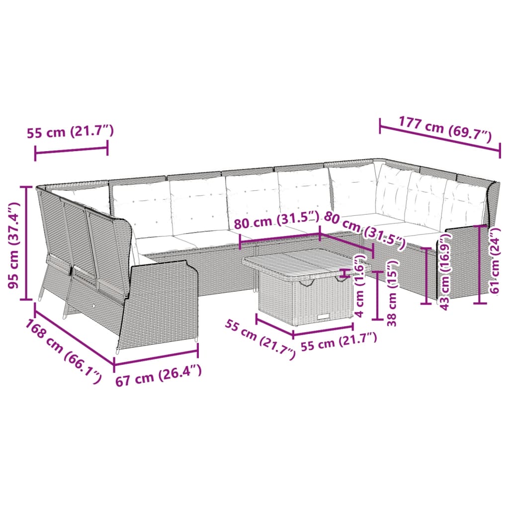 7 pcs conjunto lounge para jardim com almofadões vime PE bege