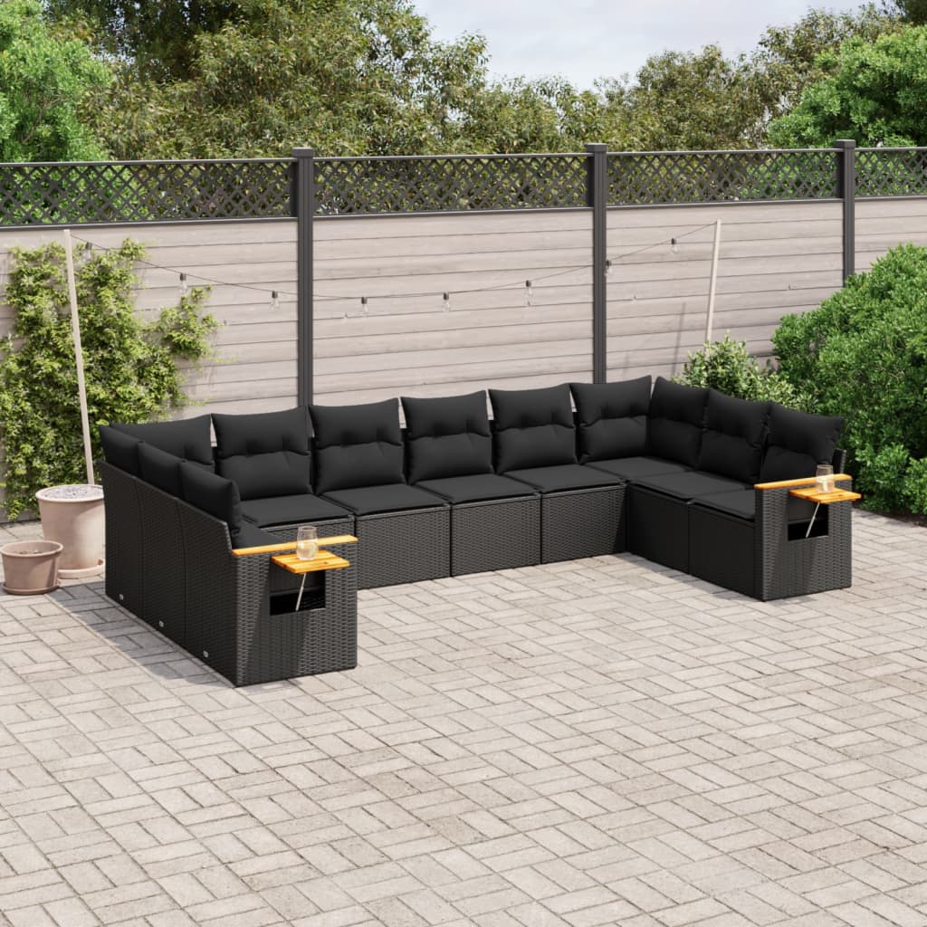 10 pcs conjunto sofás de jardim c/ almofadões vime PE preto
