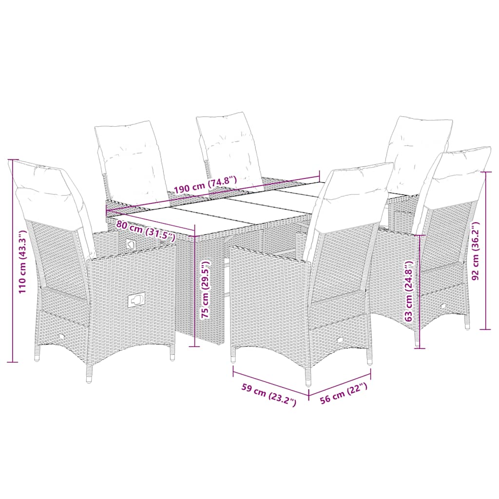 7 pcs conjunto de jantar p/ jardim c/ almofadões vime PE preto