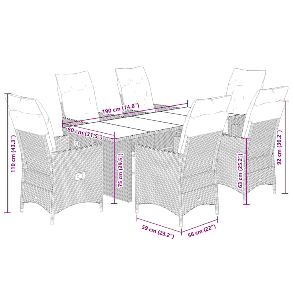 7 pcs conjunto de jantar p/ jardim c/ almofadões vime PE cinza