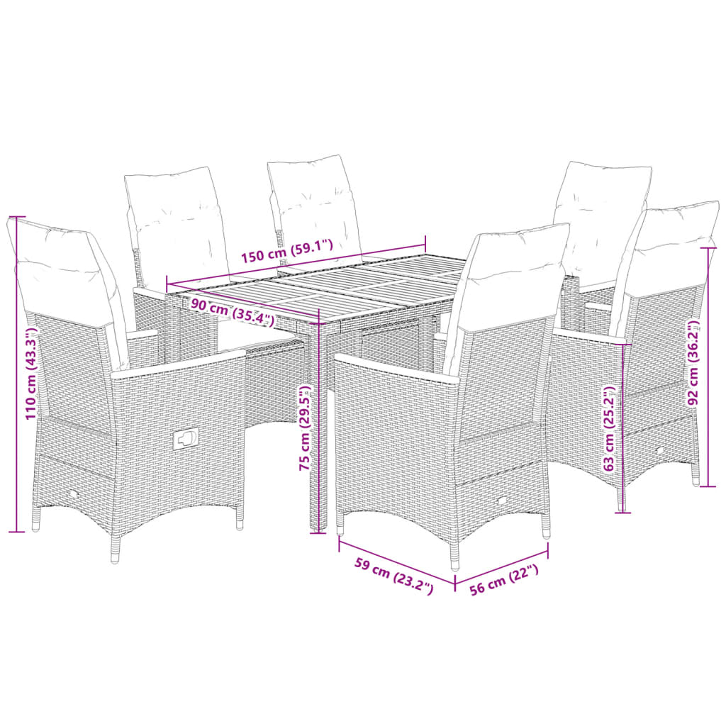 7 pcs conjunto de jantar p/ jardim c/ almofadões vime PE preto