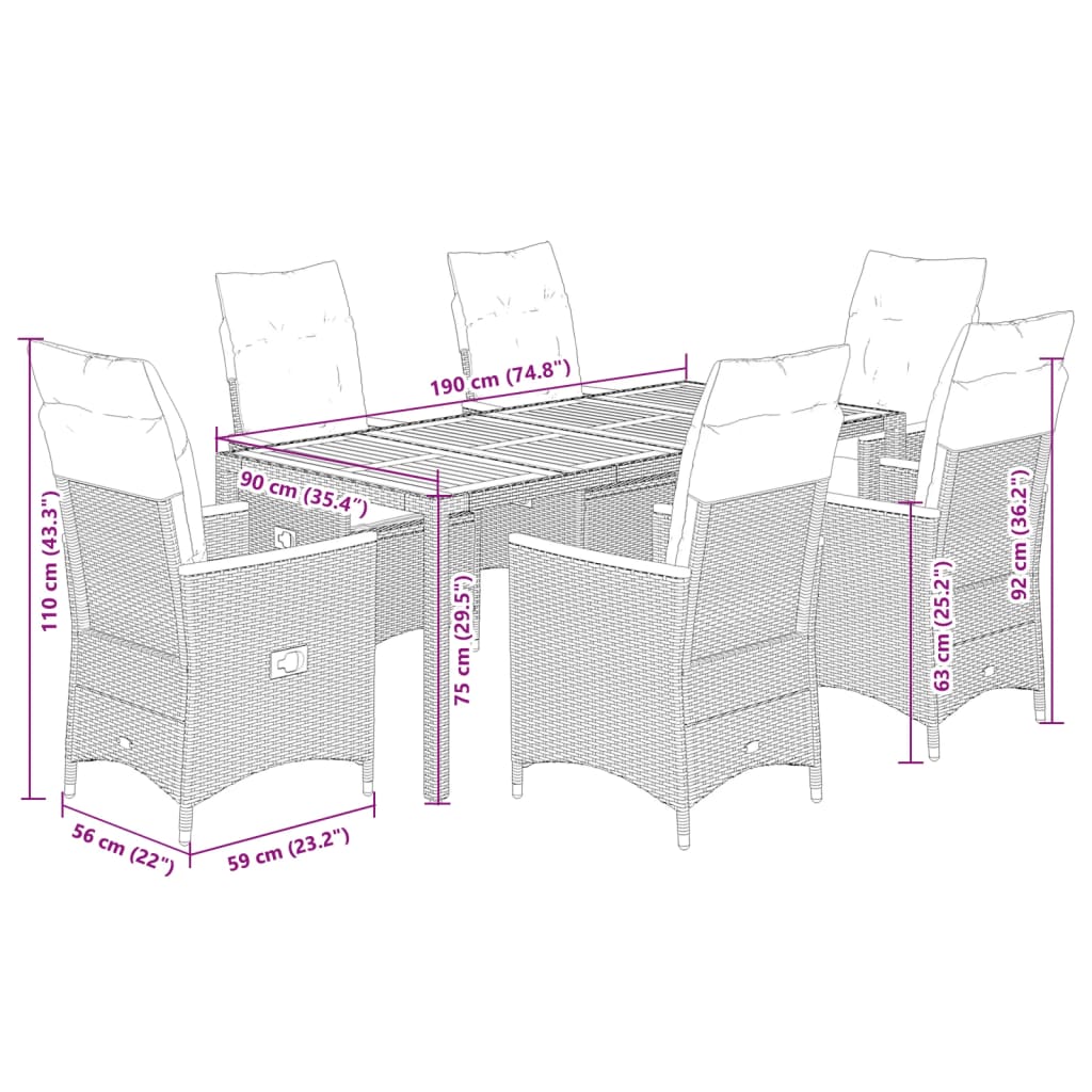 7 pcs conjunto de jantar p/ jardim c/ almofadões vime PE cinza