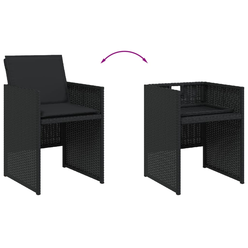 7 pcs conjunto de jantar p/ jardim c/ almofadões vime PE preto