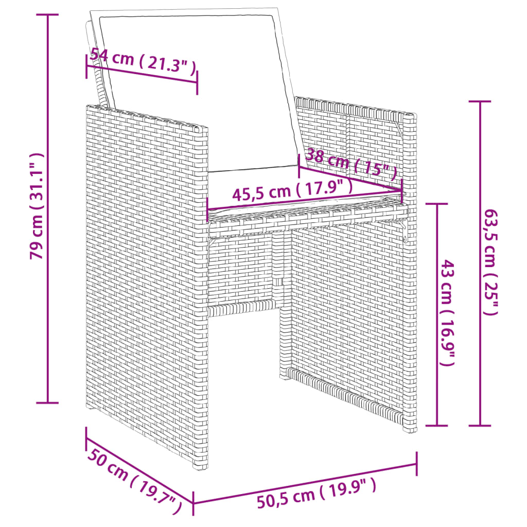 7 pcs conjunto de jantar p/ jardim c/ almofadões vime PE cinza