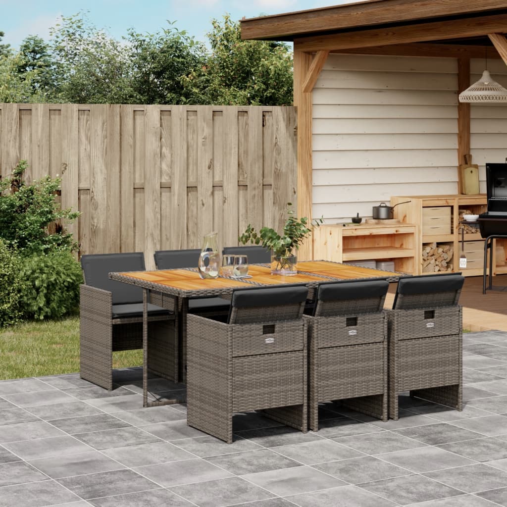 7 pcs conjunto de jantar p/ jardim c/ almofadões vime PE cinza