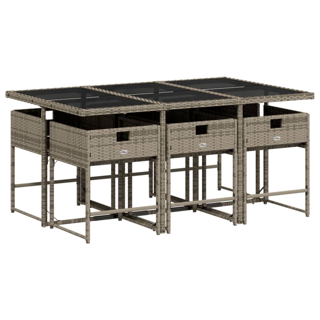 7 pcs conjunto de jantar p/ jardim c/ almofadões vime PE cinza