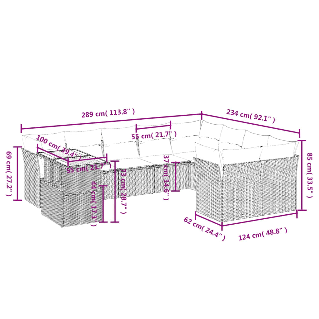 10 pcs conjunto de sofás p/ jardim c/ almofadões vime PE preto