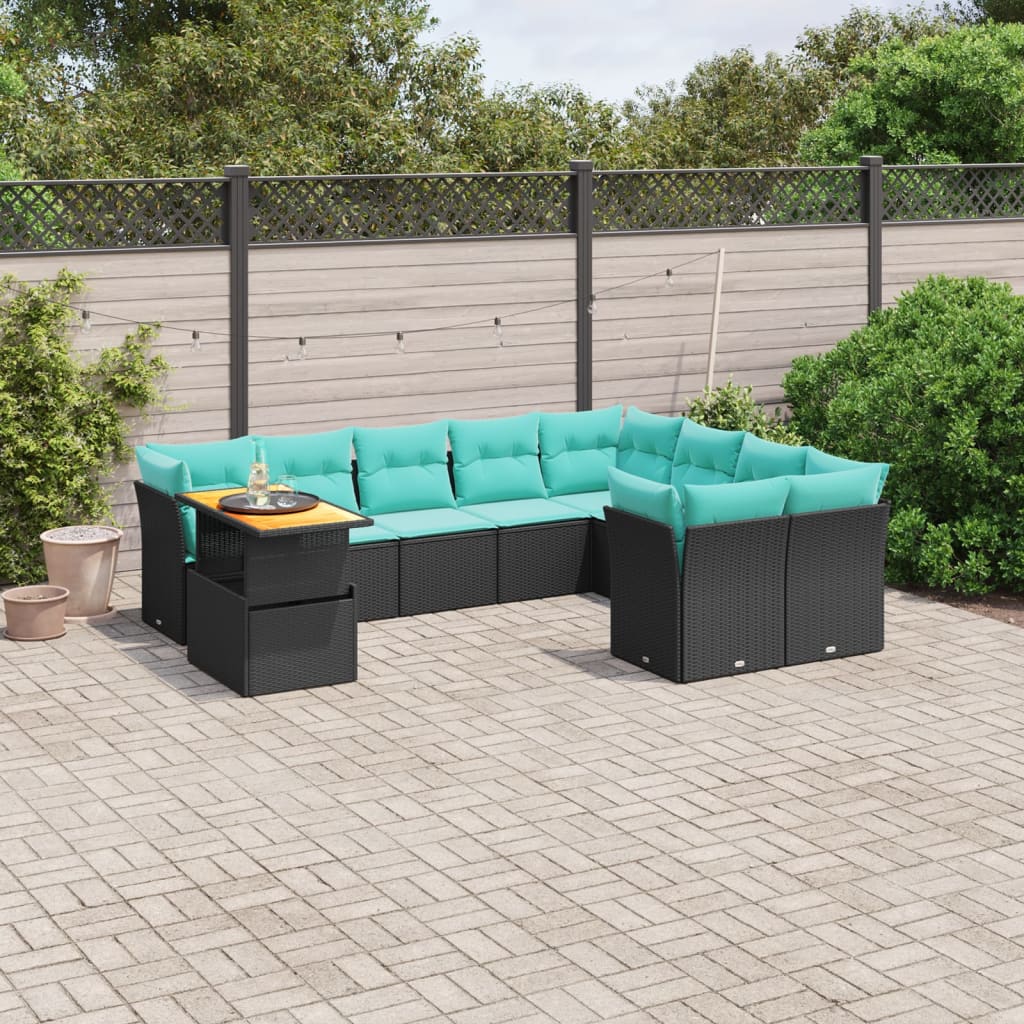 10 pcs conjunto de sofás p/ jardim c/ almofadões vime PE preto