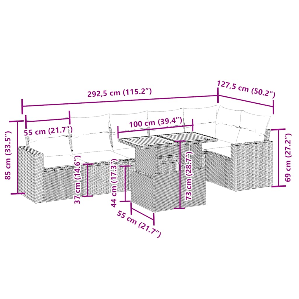 7 pcs conjunto de sofás p/ jardim com almofadões vime PE bege