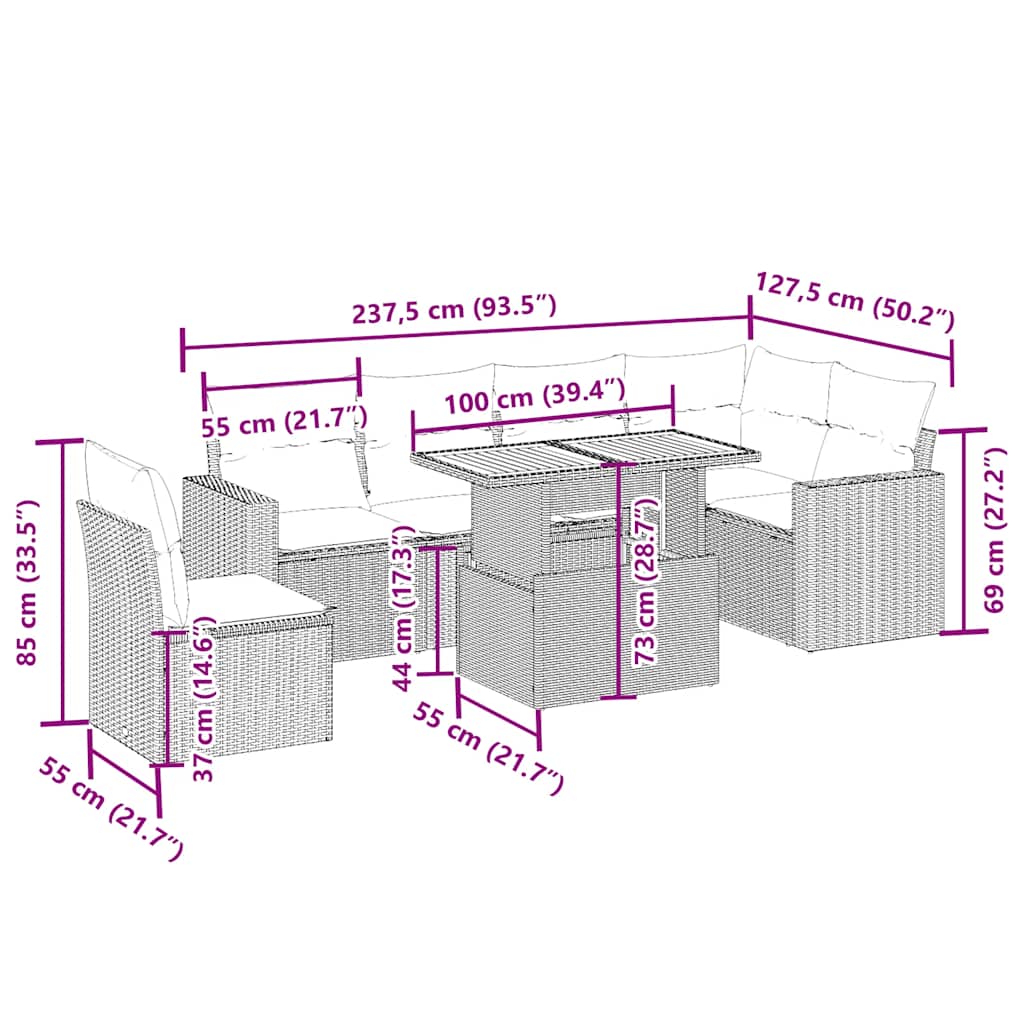 7 pcs conjunto de sofás p/ jardim com almofadões vime PE bege