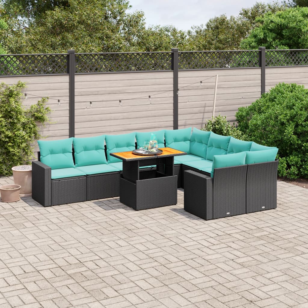 10 pcs conjunto de sofás p/ jardim c/ almofadões vime PE preto