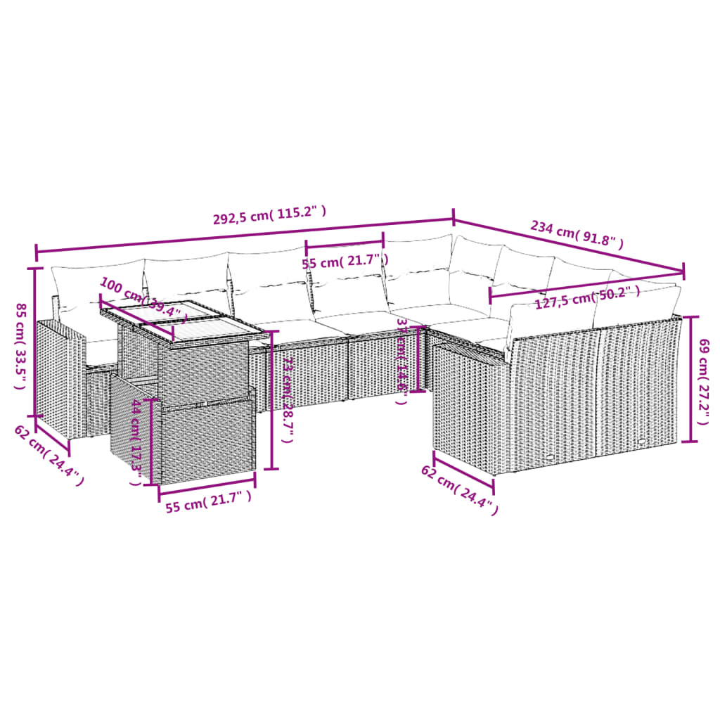 10 pcs conjunto de sofás p/ jardim c/ almofadões vime PE preto