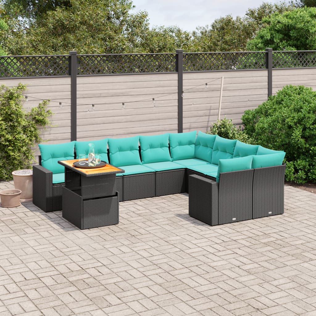 10 pcs conjunto de sofás p/ jardim c/ almofadões vime PE preto