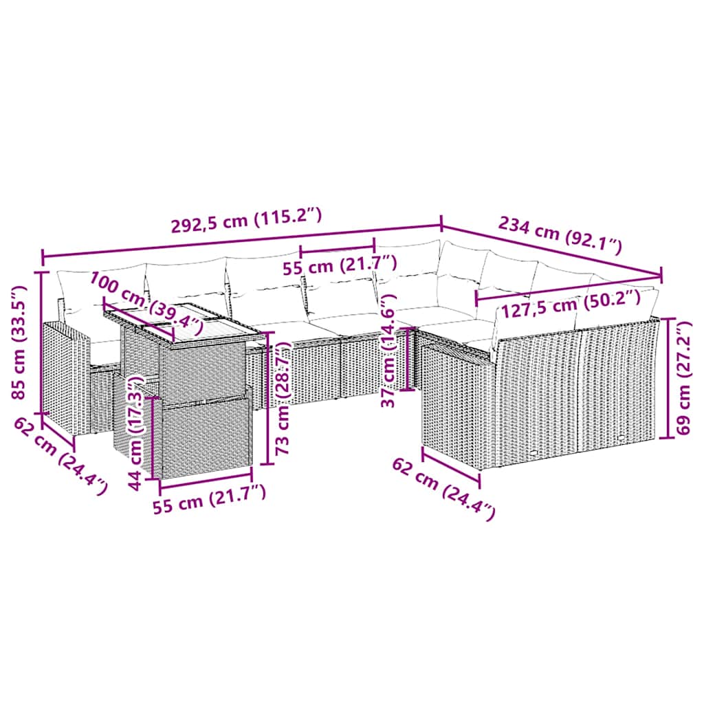 10 pcs conjunto de sofás p/ jardim com almofadões vime PE bege