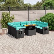 10 pcs conjunto de sofás p/ jardim c/ almofadões vime PE preto