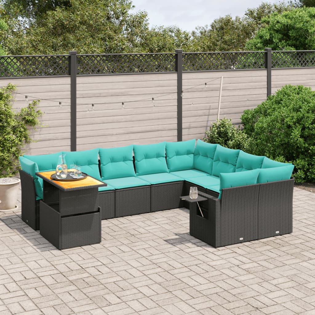 10 pcs conjunto de sofás p/ jardim c/ almofadões vime PE preto