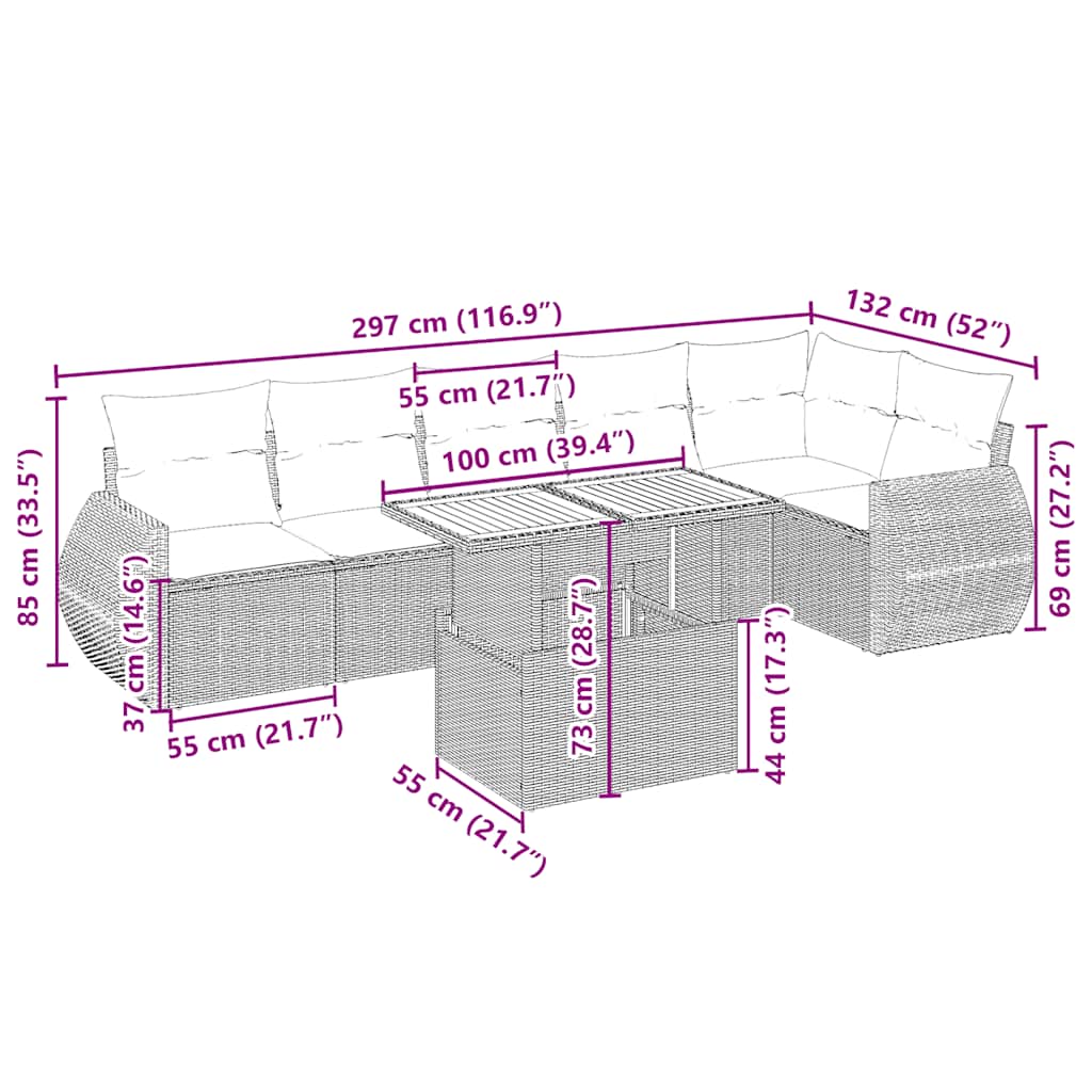 7 pcs conjunto de sofás p/ jardim com almofadões vime PE bege