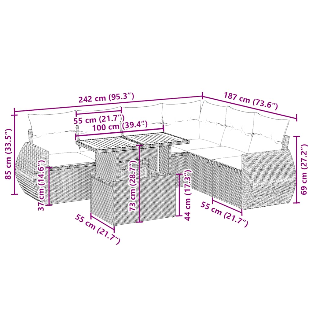 7 pcs conjunto de sofás p/ jardim com almofadões vime PE bege