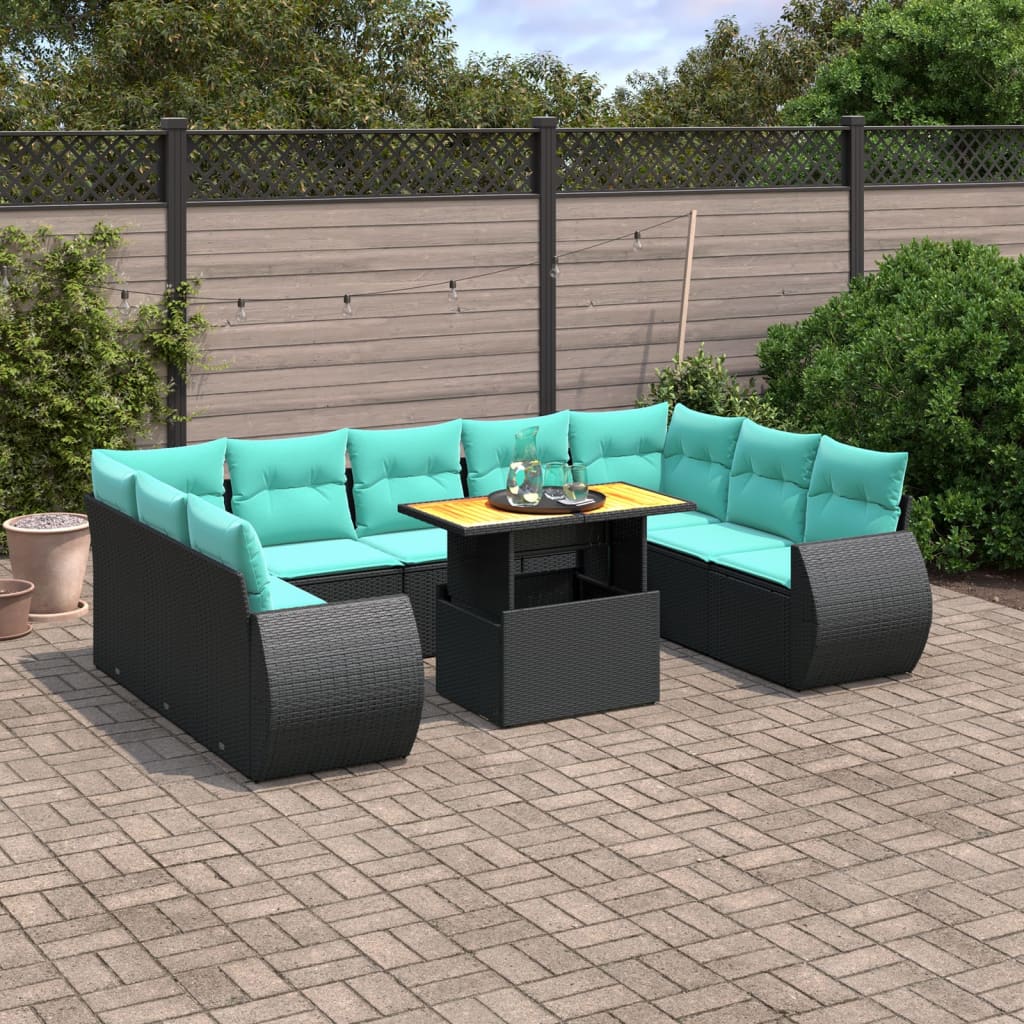 10 pcs conjunto de sofás p/ jardim c/ almofadões vime PE preto