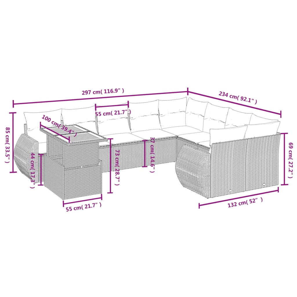 10 pcs conjunto de sofás p/ jardim c/ almofadões vime PE preto