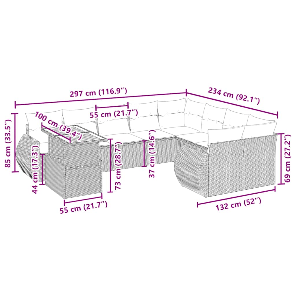 10 pcs conjunto de sofás p/ jardim com almofadões vime PE bege