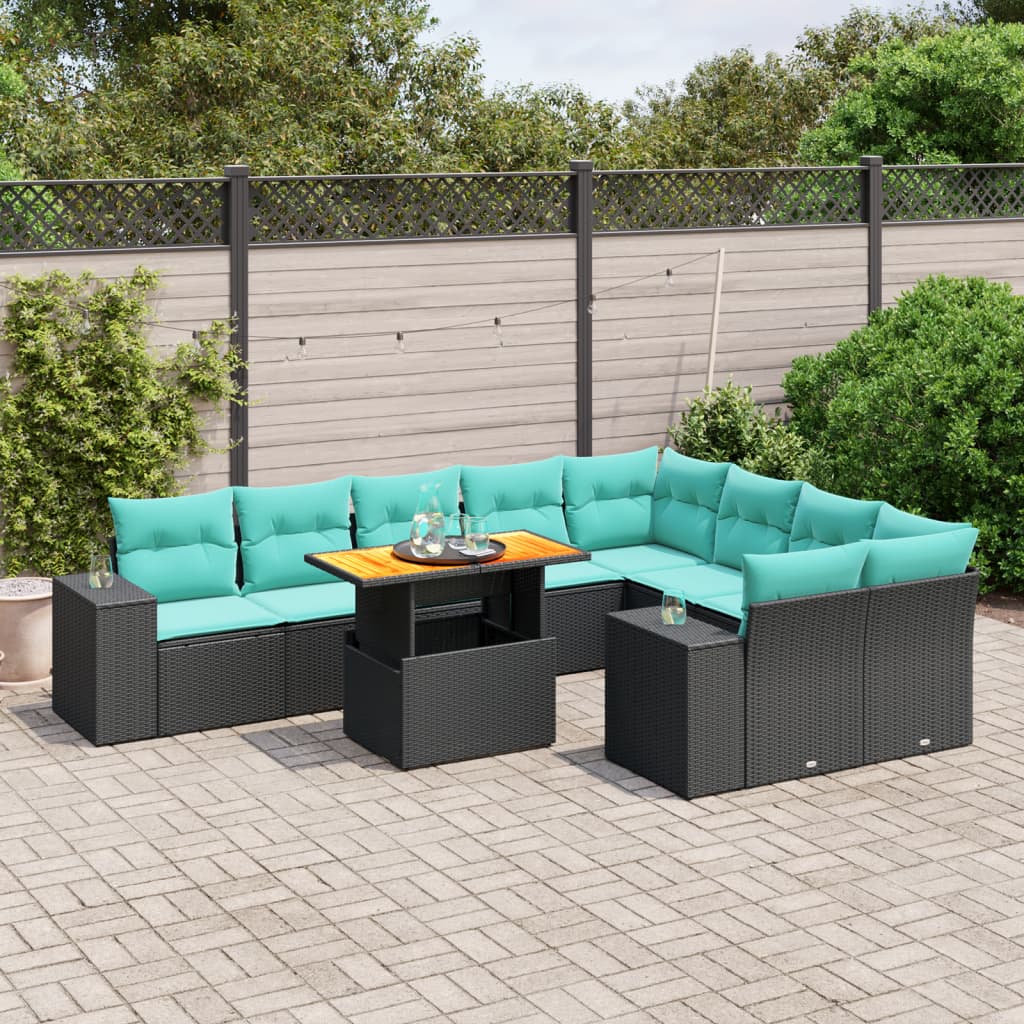 10 pcs conjunto de sofás p/ jardim c/ almofadões vime PE preto