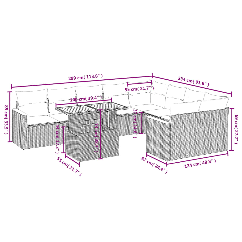 10 pcs conjunto de sofás p/ jardim c/ almofadões vime PE preto